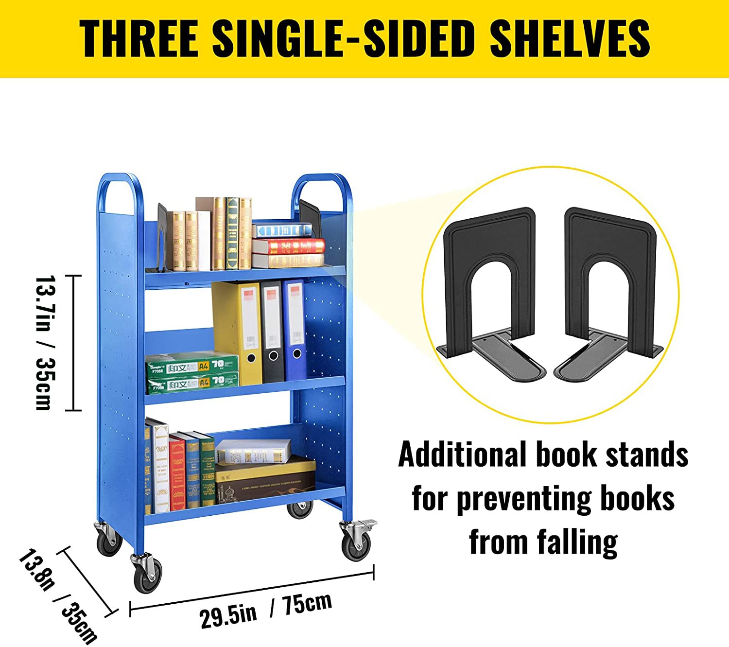 Carrito para libros Carrito para biblioteca de 200 lb con estantes inclinados en forma de V de un solo lado en azul