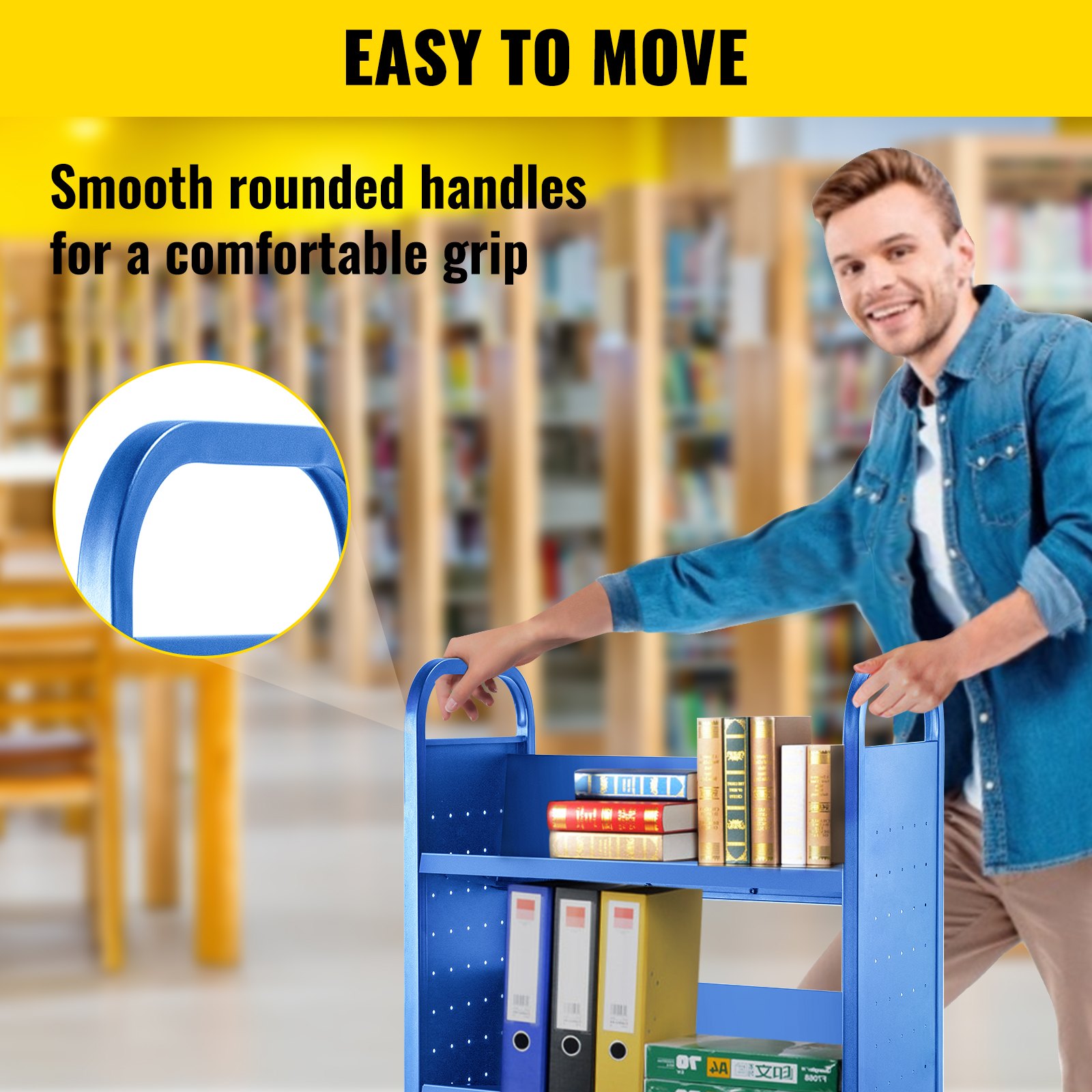 Carrito para libros Carrito para biblioteca de 200 lb con estantes inclinados en forma de V de un solo lado en azul