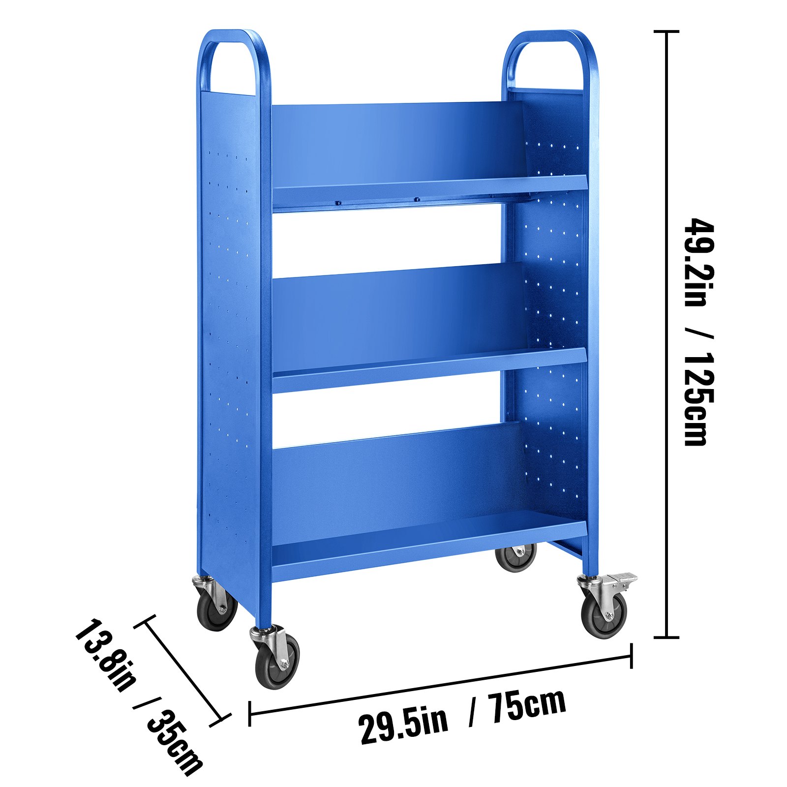 Carrito para libros Carrito para biblioteca de 200 lb con estantes inclinados en forma de V de un solo lado en azul