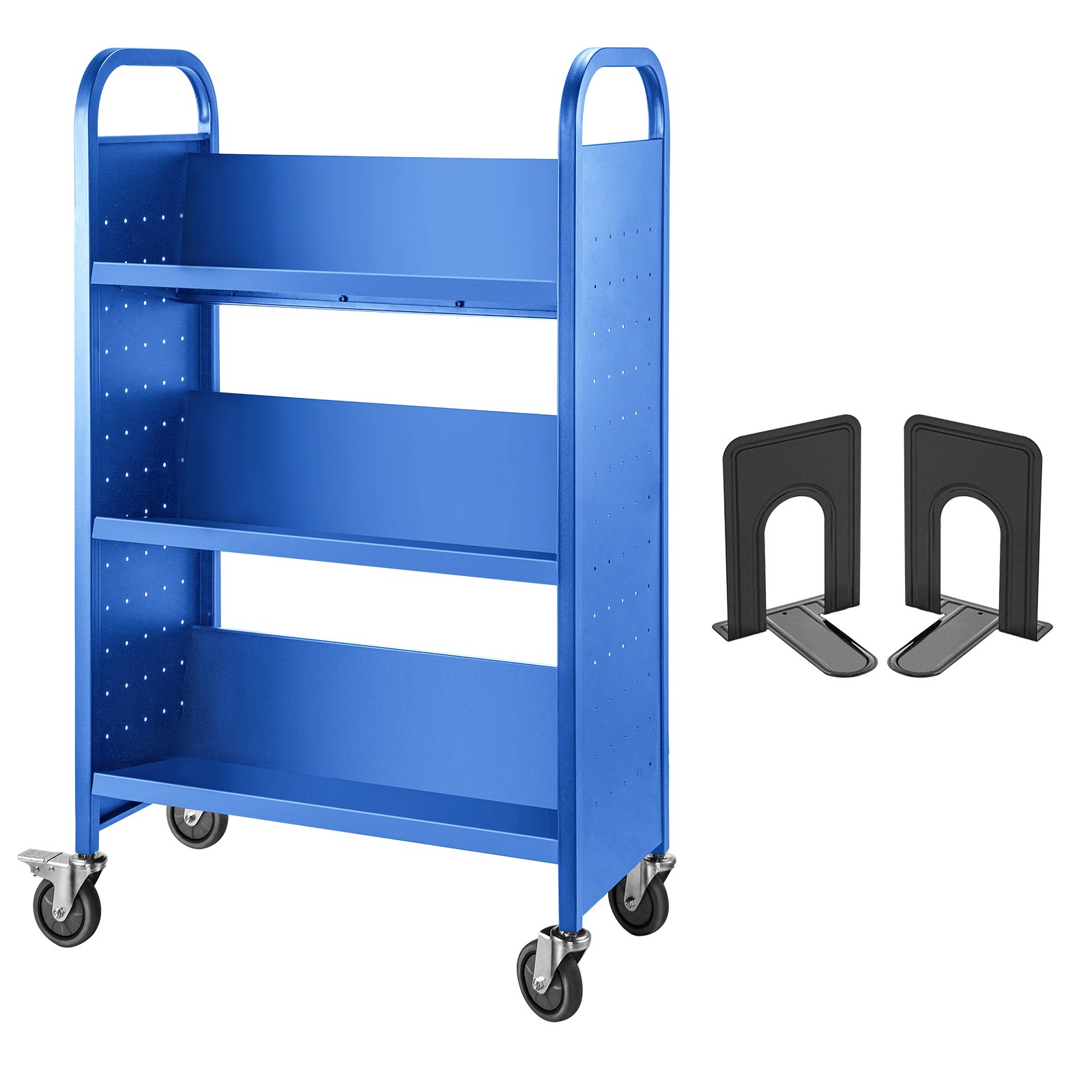 Carrito para libros Carrito para biblioteca de 200 lb con estantes inclinados en forma de V de un solo lado en azul