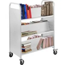 Carrito para libros Carrito para biblioteca de 200 lb con estantes inclinados en forma de W de doble cara en blanco