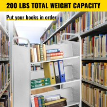 Carrito para libros Carrito para biblioteca de 200 lb con estantes inclinados en forma de W de doble cara en blanco
