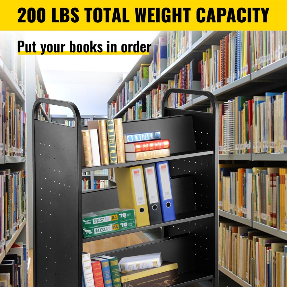 Carrito de libros VEVOR en el pasillo de la biblioteca con libros y carpetas, capacidad de peso total de 200 libras