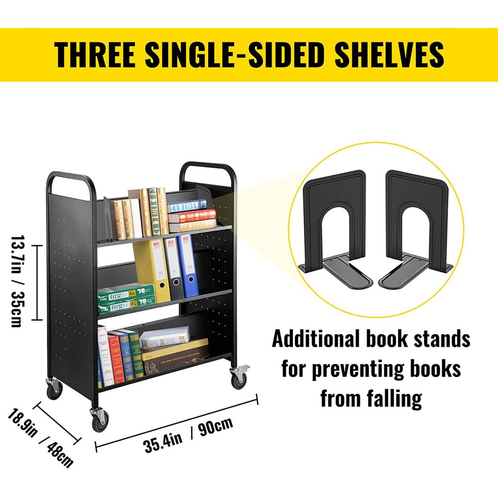 Carro para libros VEVOR con tres estantes de un solo lado y soportes para libros para mayor estabilidad.
