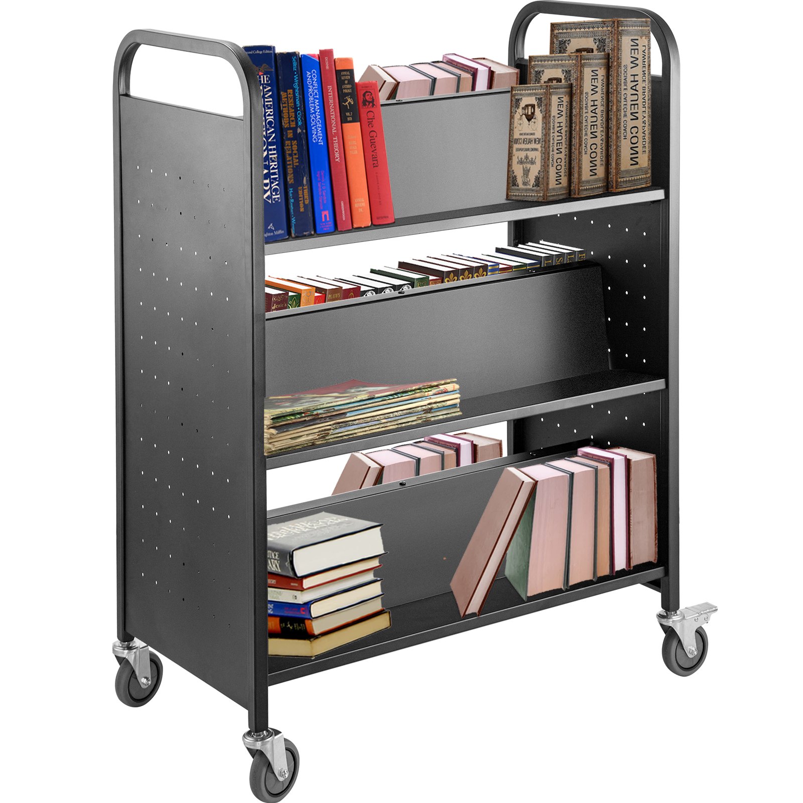 Carro de libros VEVOR negro con libros y revistas sobre cuatro ruedas.
