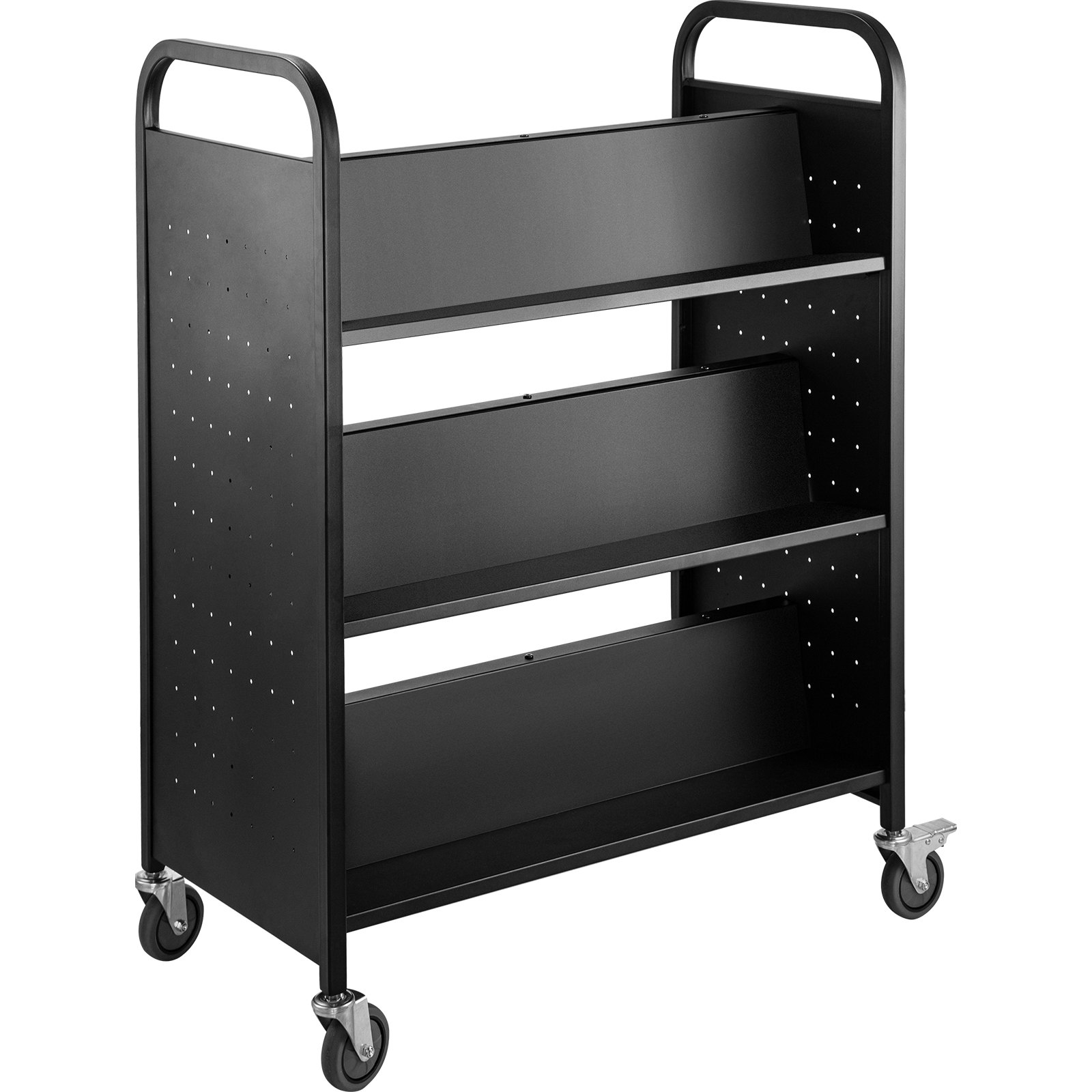 Carro de libros VEVOR negro con tres estantes inclinados y cuatro ruedas giratorias.