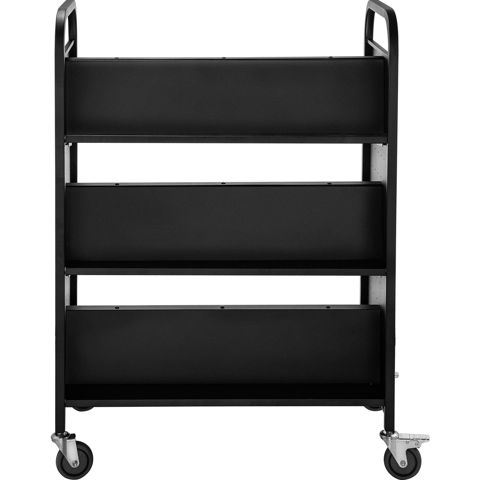 Carro de libros VEVOR negro con tres estantes y ruedas giratorias para facilitar su movilidad.