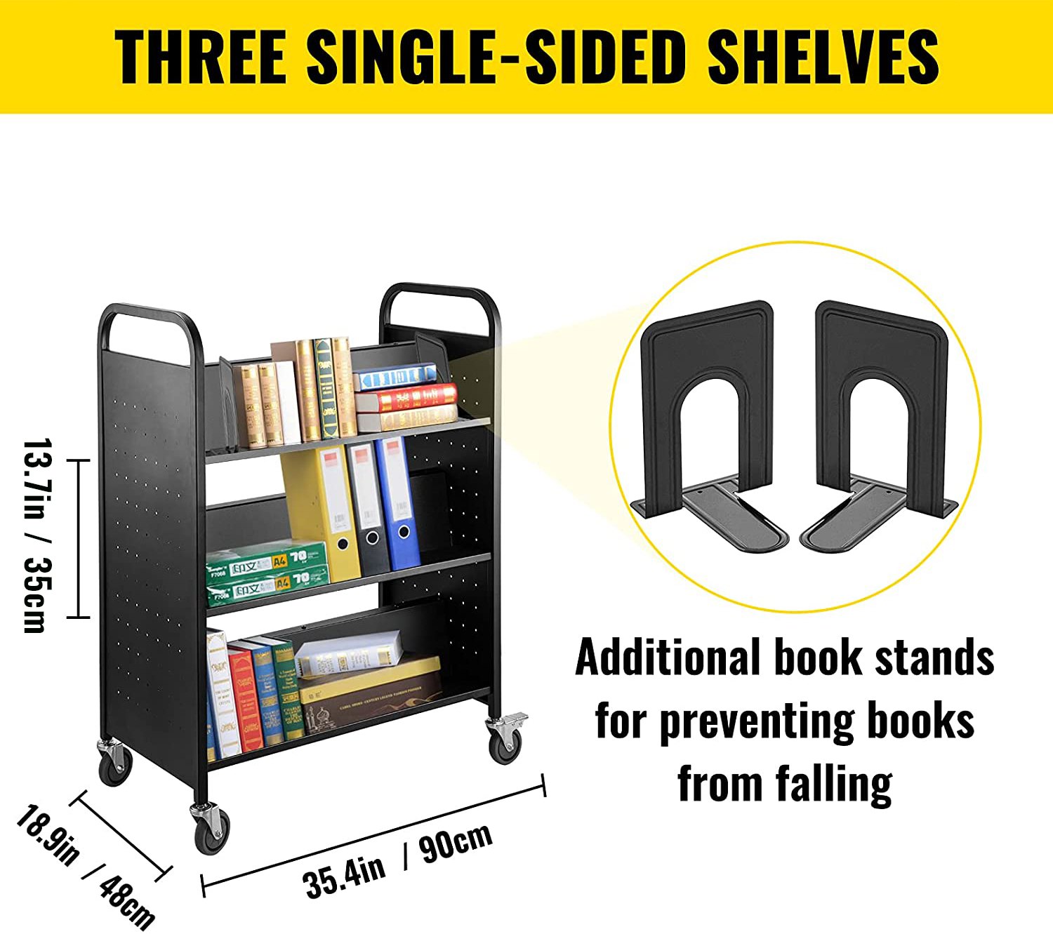 Carro para libros VEVOR con tres estantes de un solo lado y soportes para libros para mayor estabilidad.