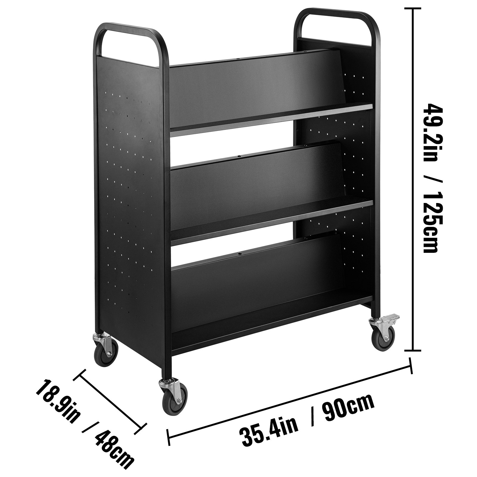 Carrito para libros VEVOR negro con tres estantes inclinados sobre ruedas, dimensiones mostradas.