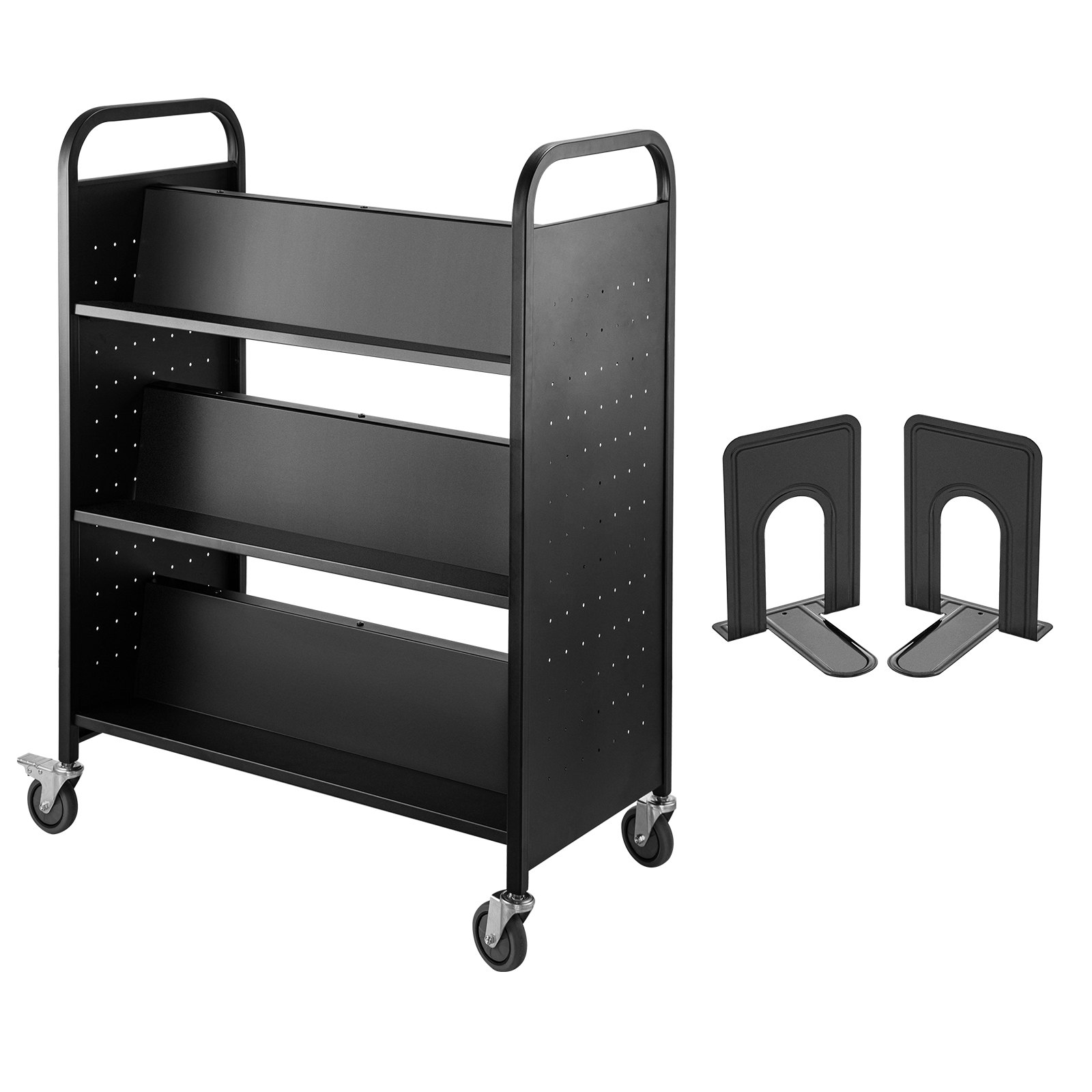 Carro para libros VEVOR negro con tres estantes y ruedas, mostrado con dos sujetalibros negros.
