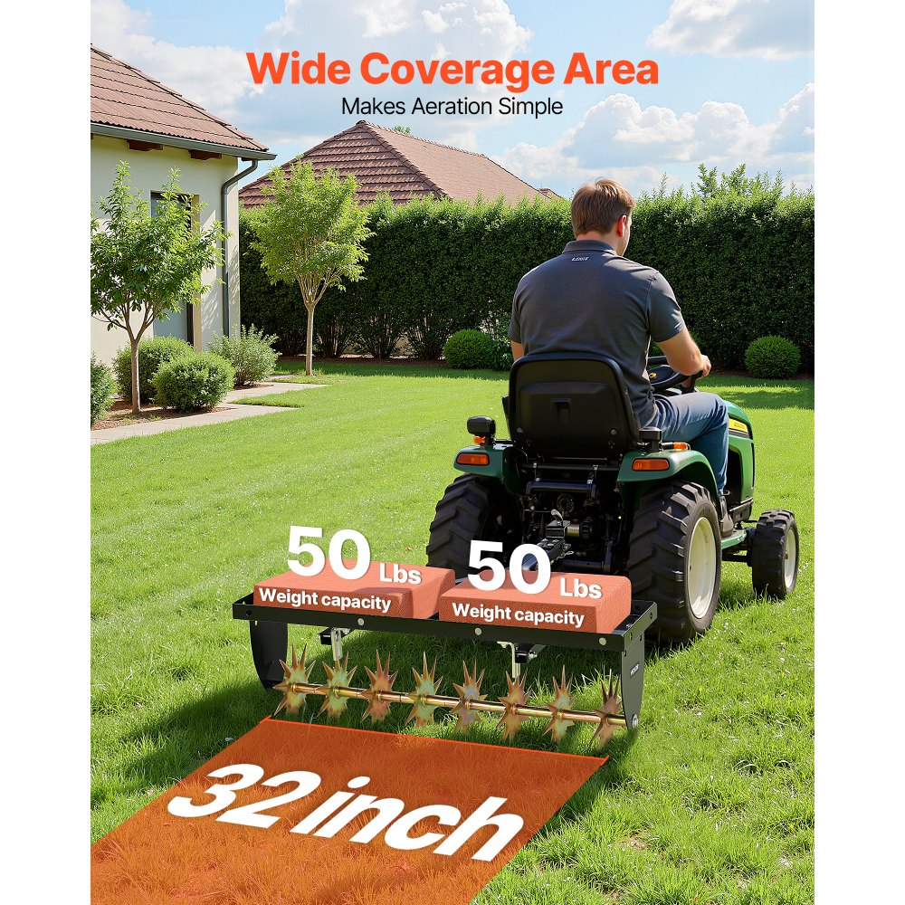 VEVOR Aireador de Césped Remolcado con Asiento, Marco de Acero Reforzado, 82 cm de Ancho, Soporta 45 kg, Profundidad 5 cm, Compatible con Tractores Cortacéspedes y Cortacésped, para Jardín Compactados