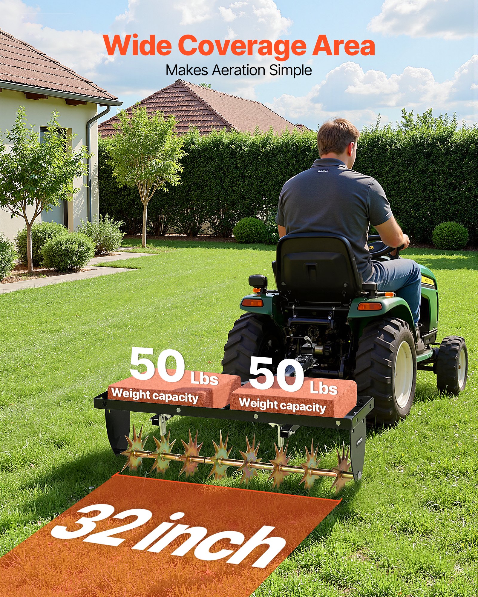 VEVOR Aireador de Césped Remolcado con Asiento, Marco de Acero Reforzado, 82 cm de Ancho, Soporta 45 kg, Profundidad 5 cm, Compatible con Tractores Cortacéspedes y Cortacésped, para Jardín Compactados