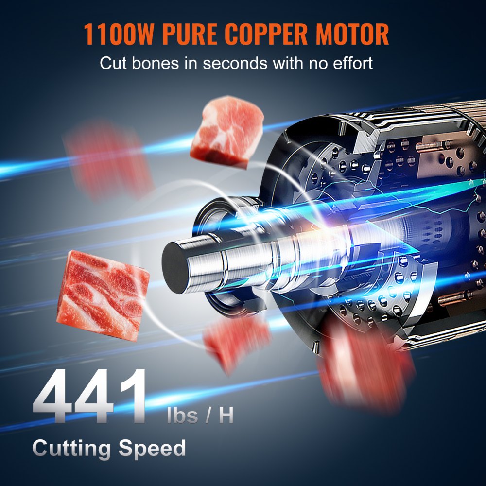 Sierra de cinta eléctrica comercial para carne VEVOR, 1100 W, de acero inoxidable, para cortar huesos de encimera, Workbeach, 49,5 x 38 cm, grosor de corte de 4,1 a 20 cm, cortadora de carne congelada con 6 cuchillas para costillas de cerdo y res.