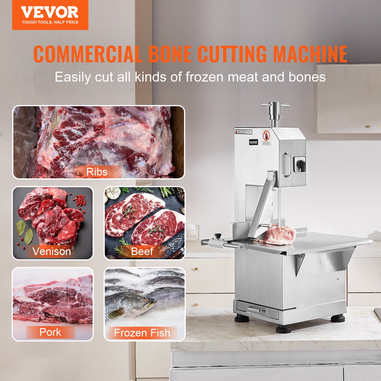 VEVOR Sierra de cinta eléctrica comercial sierra para carne 2200 W sierra de hueso máquina de aserrar huesos de encimera de acero inoxidable