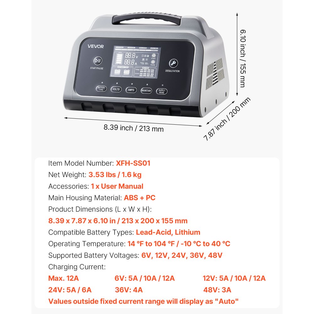 Cargador de batería inteligente VEVOR, 12 A, 6 V, 12 V, 24 V, 36 V, 48 V, LiFePO4, plomo-ácido (gel/AGM), con pantalla LCD, mantenedor de carga lenta y desulfatador, para coche, barco y motocicleta.