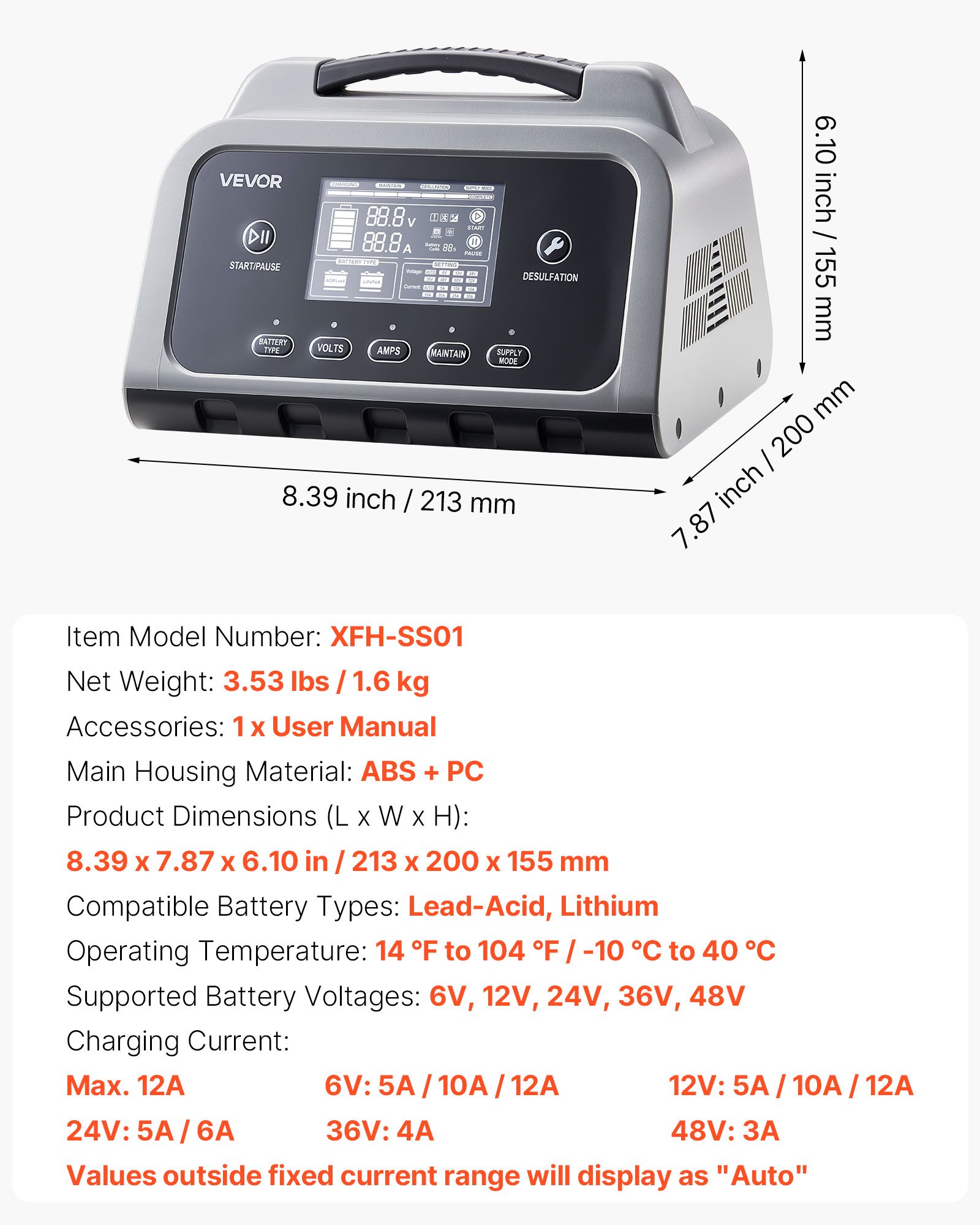 Cargador de batería inteligente VEVOR, 12 A, 6 V, 12 V, 24 V, 36 V, 48 V, LiFePO4, plomo-ácido (gel/AGM), con pantalla LCD, mantenedor de carga lenta y desulfatador, para coche, barco y motocicleta.