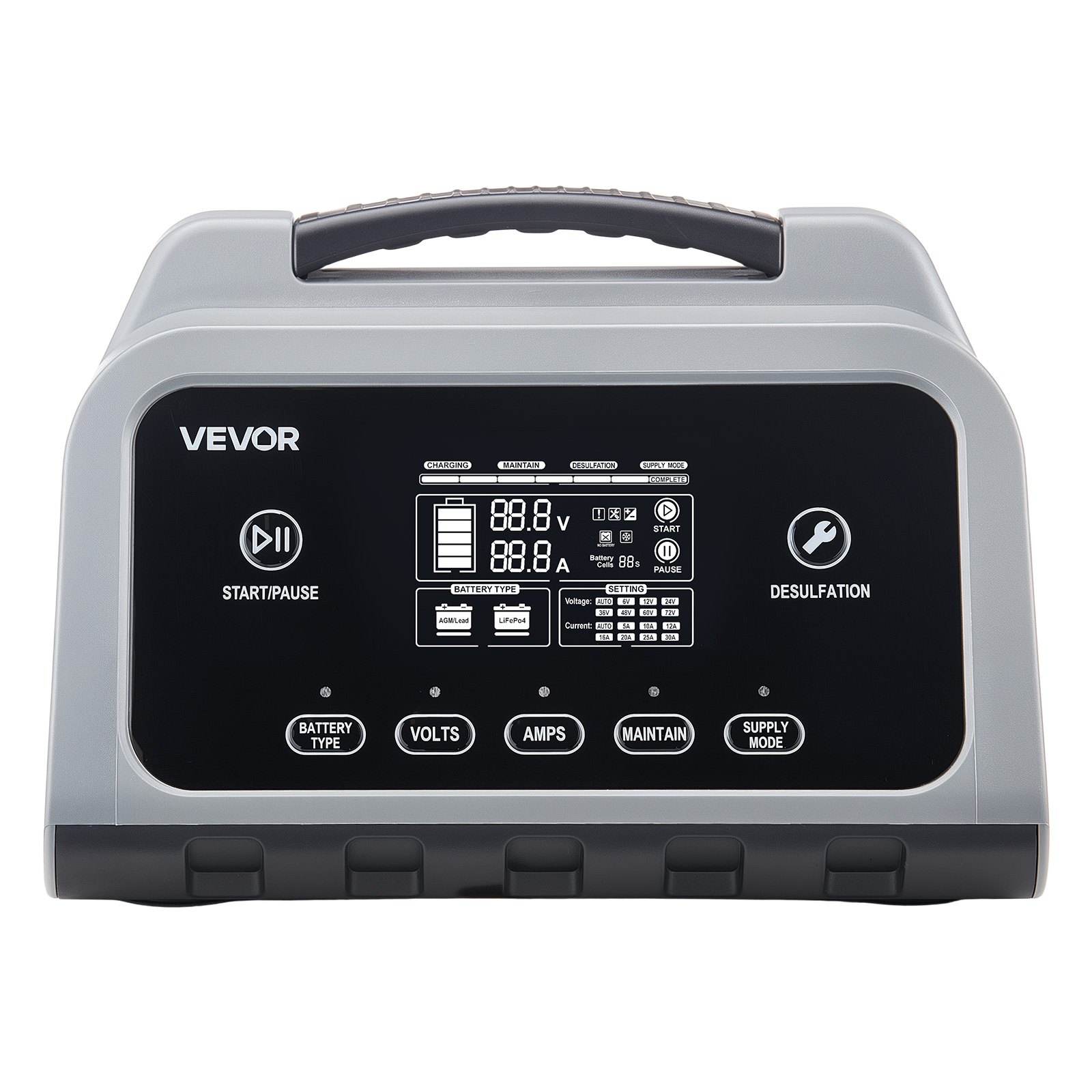 Cargador de batería inteligente VEVOR, 12 A, 6 V, 12 V, 24 V, 36 V, 48 V, LiFePO4, plomo-ácido (gel/AGM), con pantalla LCD, mantenedor de carga lenta y desulfatador, para coche, barco y motocicleta.