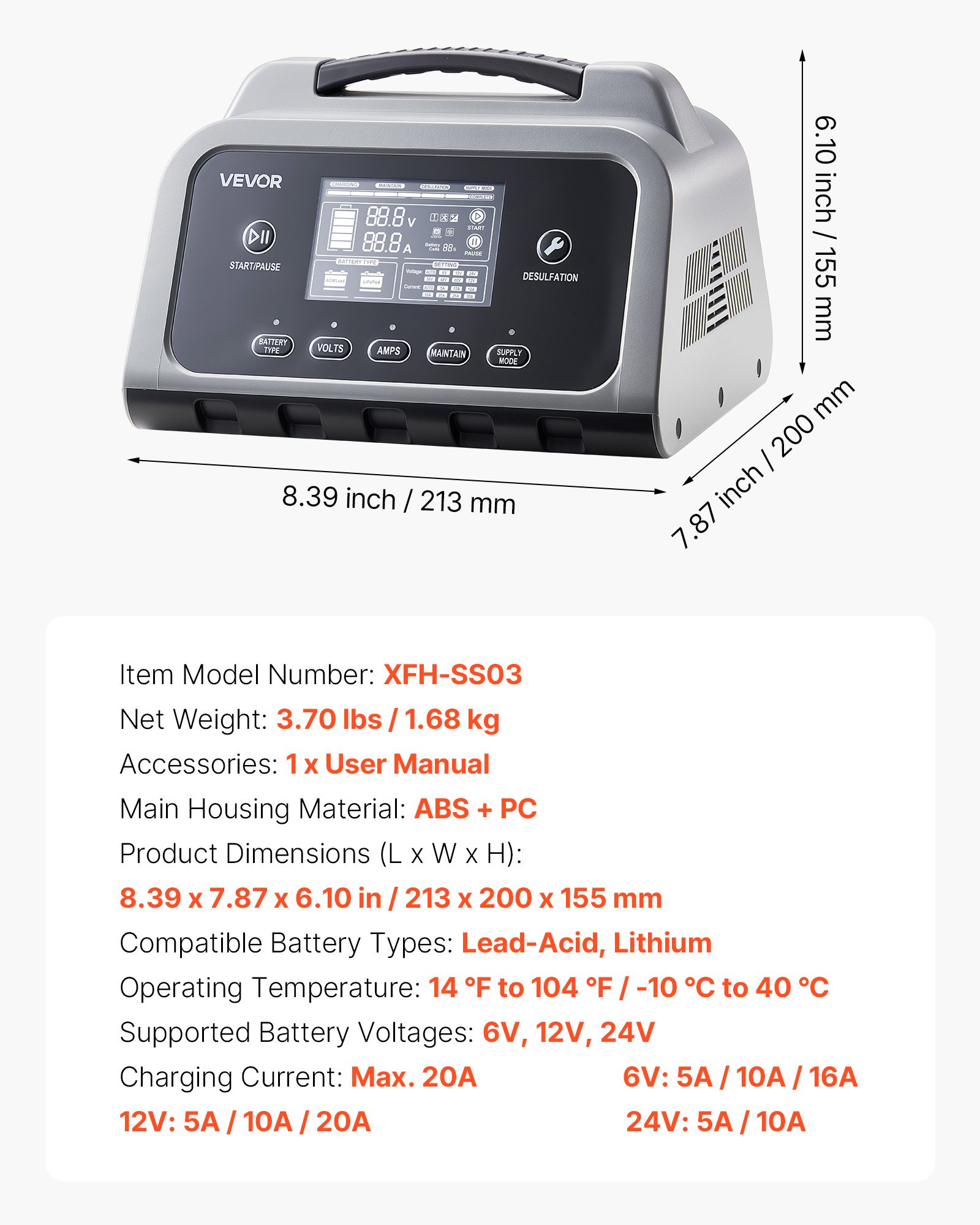 Cargador de batería inteligente VEVOR, 20 A, 6 V, 12 V, 24 V, LiFePO4, plomo-ácido (Gel/AGM), con pantalla LCD, mantenedor de carga lenta y desulfatador, para coche, barco, motocicleta y cortacésped.