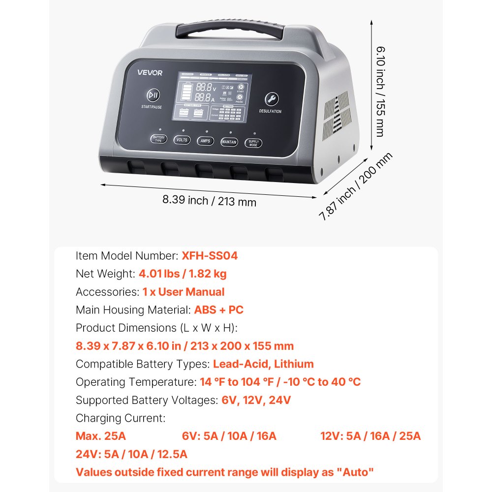 Cargador de batería inteligente VEVOR, 25 A, 6 V, 12 V, 24 V, LiFePO4, plomo-ácido (Gel/AGM), con pantalla LCD, mantenedor de carga lenta y desulfatador, para coche, barco, motocicleta y cortacésped.