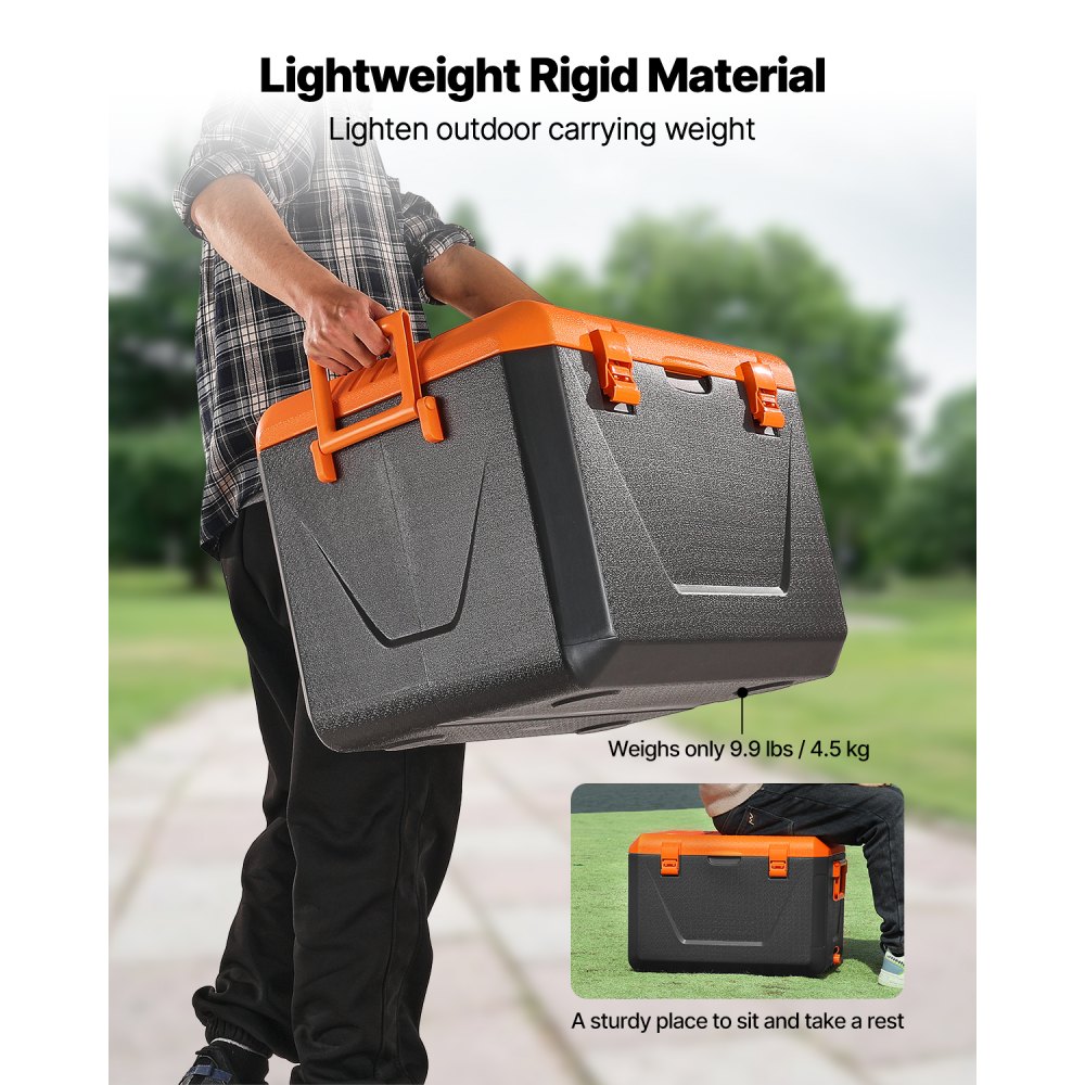 Nevera portátil VEVOR de 63 cuartos con retención de hielo, asas resistentes y portavasos. Nevera portátil ligera y rígida con aislamiento, ideal para picnics familiares y viajes largos.