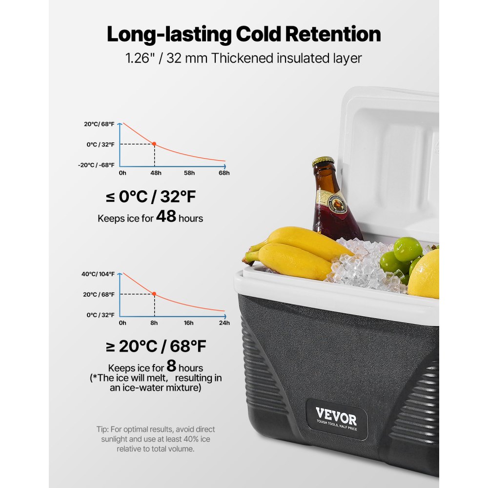 Nevera portátil VEVOR de 8.5 cuartos con retención de hielo y asas resistentes. Ligera y rígida, con aislamiento, ideal para picnics familiares y viajes cortos.