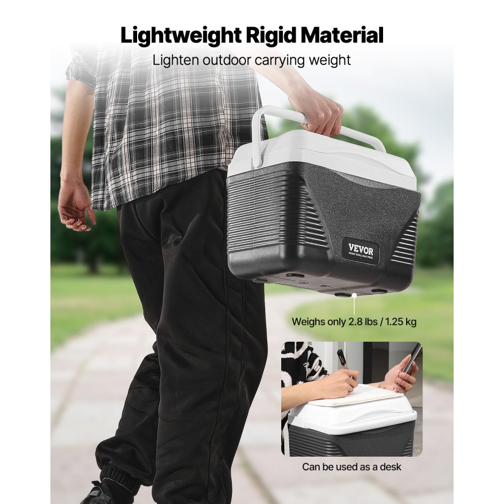 Nevera portátil VEVOR de 8.5 cuartos con retención de hielo y asas resistentes. Ligera y rígida, con aislamiento, ideal para picnics familiares y viajes cortos.