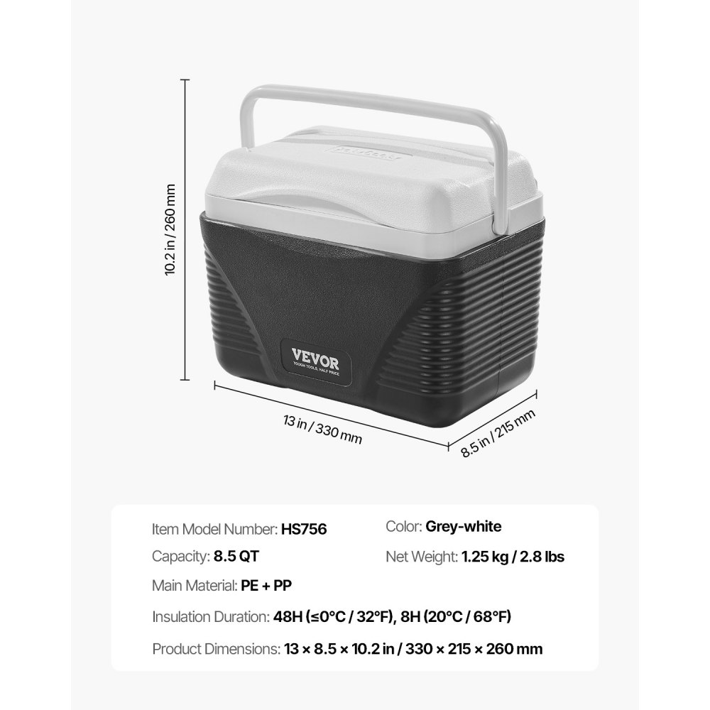 Nevera portátil VEVOR de 8.5 cuartos con retención de hielo y asas resistentes. Ligera y rígida, con aislamiento, ideal para picnics familiares y viajes cortos.
