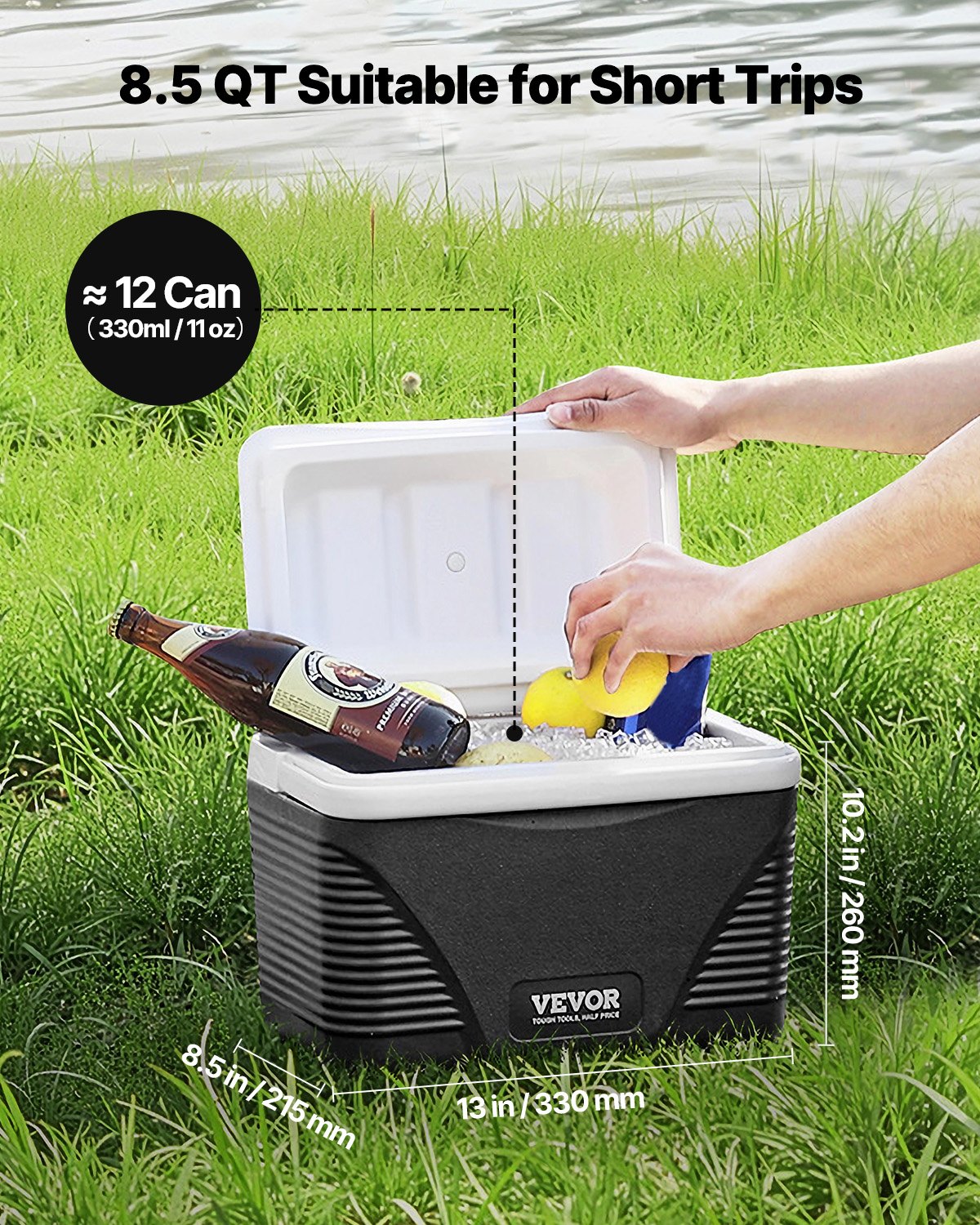 Nevera portátil VEVOR de 8.5 cuartos con retención de hielo y asas resistentes. Ligera y rígida, con aislamiento, ideal para picnics familiares y viajes cortos.