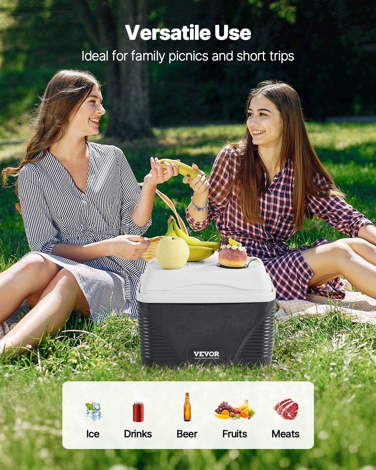 Nevera portátil VEVOR de 8.5 cuartos con retención de hielo y asas resistentes. Ligera y rígida, con aislamiento, ideal para picnics familiares y viajes cortos.