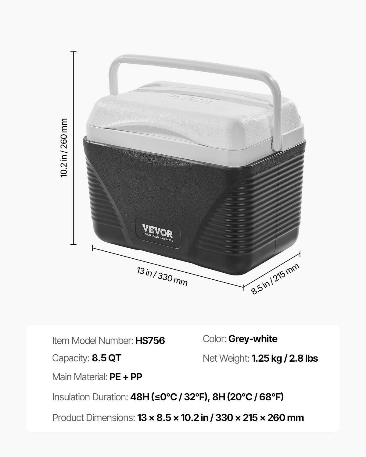 Nevera portátil VEVOR de 8.5 cuartos con retención de hielo y asas resistentes. Ligera y rígida, con aislamiento, ideal para picnics familiares y viajes cortos.