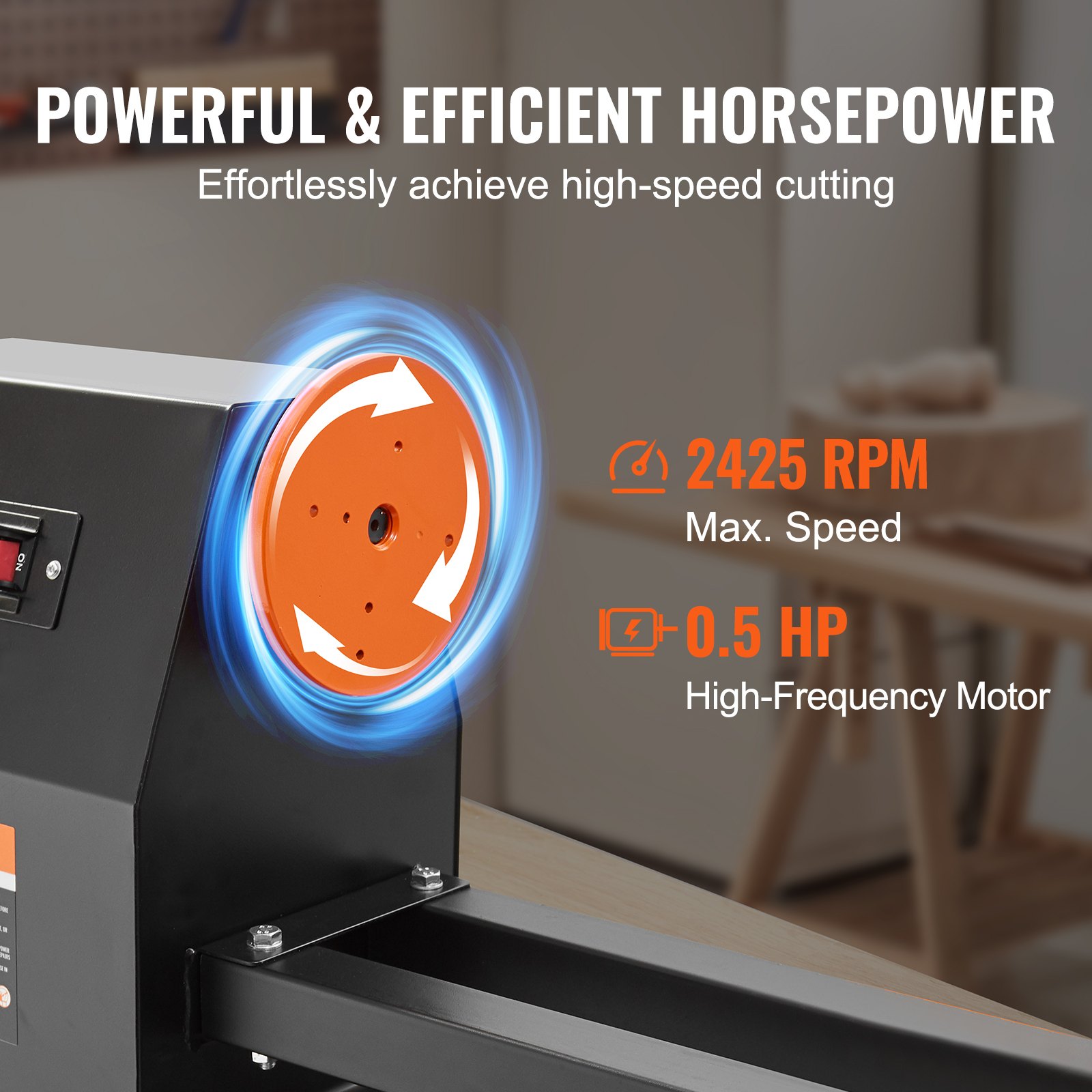 Torno de madera de sobremesa VEVOR que presenta una velocidad máxima de 2425 rpm, motor de 0,5 hp para corte de alta velocidad.