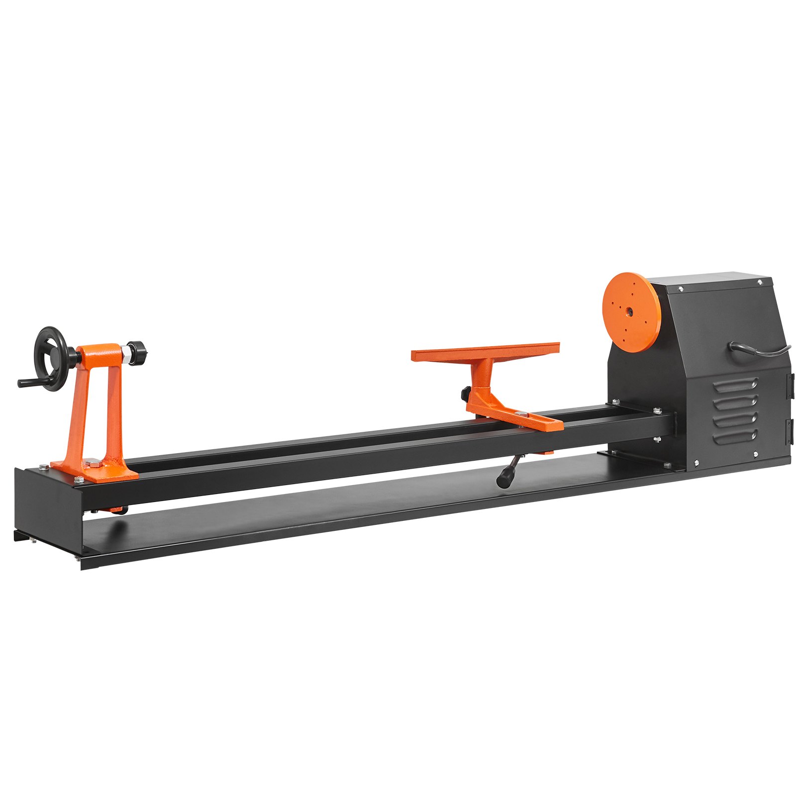 Torno de madera de sobremesa VEVOR con componentes negros y naranjas, con apoyos ajustables.