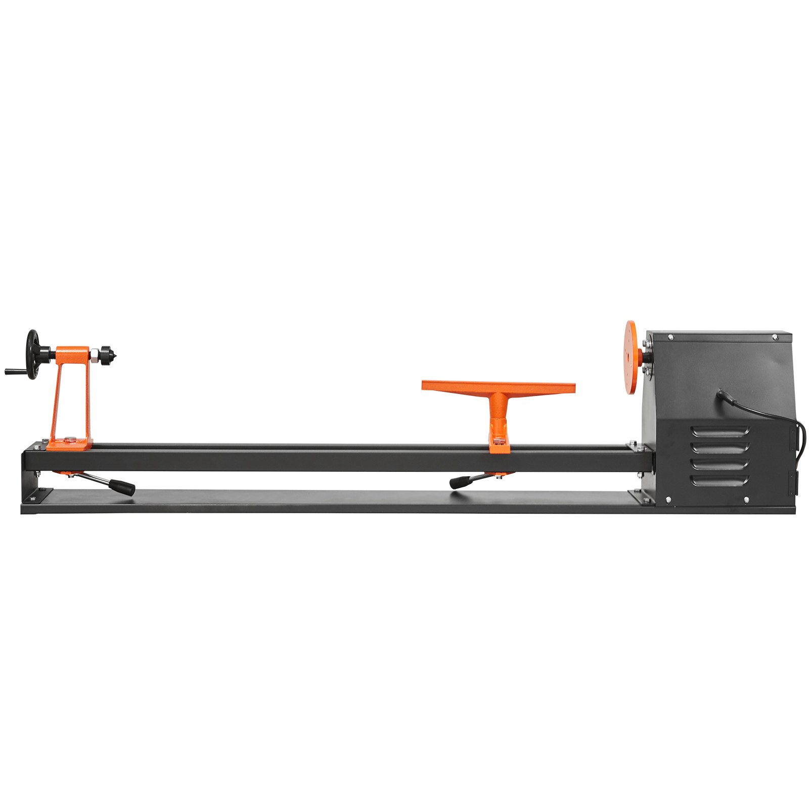 Torno de madera de sobremesa VEVOR naranja y negro con base de metal, componentes ajustables e interruptor de encendido.