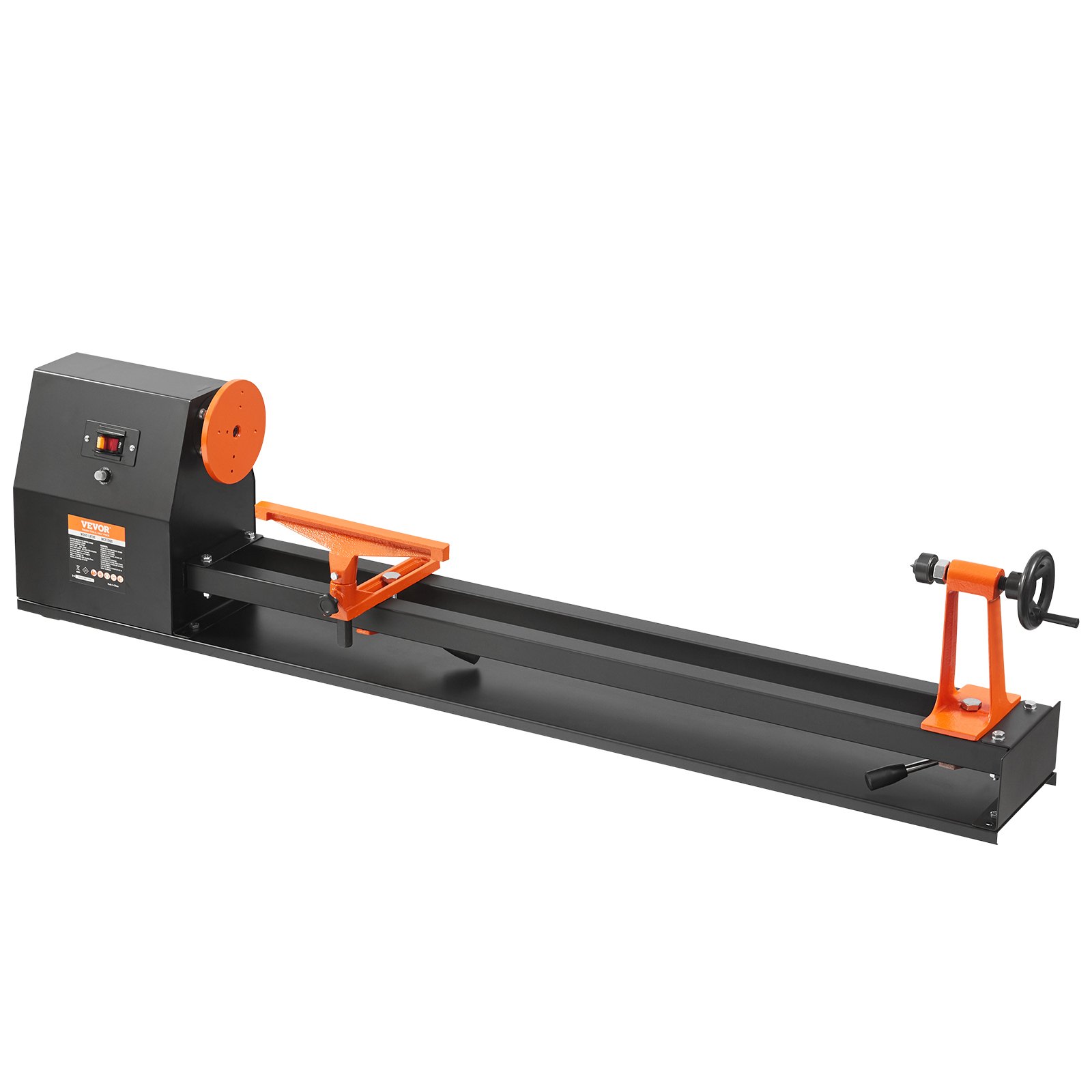 Torno de madera de sobremesa VEVOR en color negro y naranja, con soporte de herramienta ajustable y carcasa de motor.