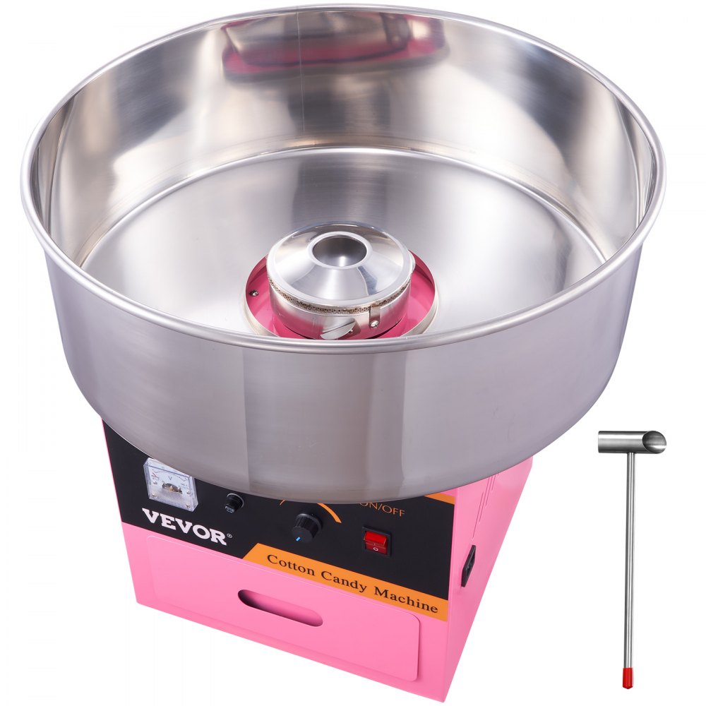 Máquina de algodón de azúcar eléctrica VEVOR con base rosa y recipiente de acero inoxidable, incluye una cuchara para azúcar.