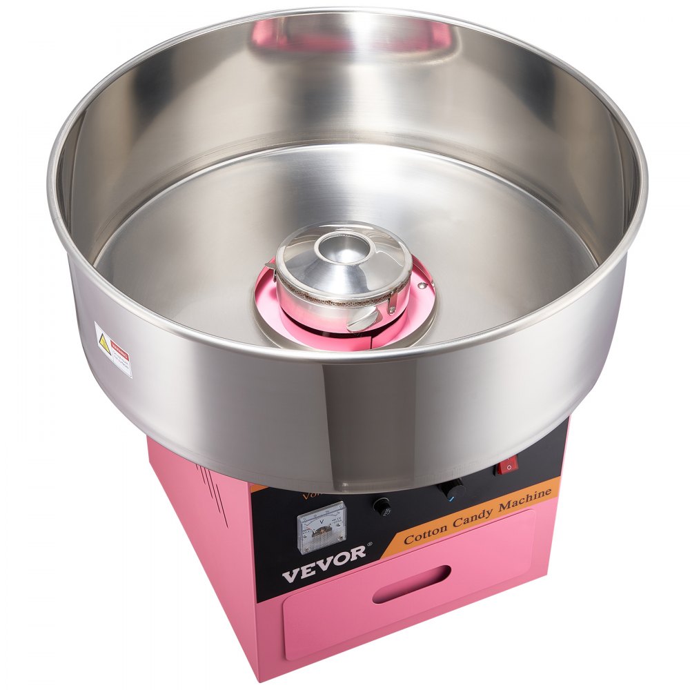 Máquina de algodón de azúcar eléctrica VEVOR con recipiente de acero inoxidable y base rosa, vista lateral.