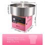 Máquina de algodón de azúcar eléctrica VEVOR en color rosa con etiquetas de dimensiones y especificaciones.