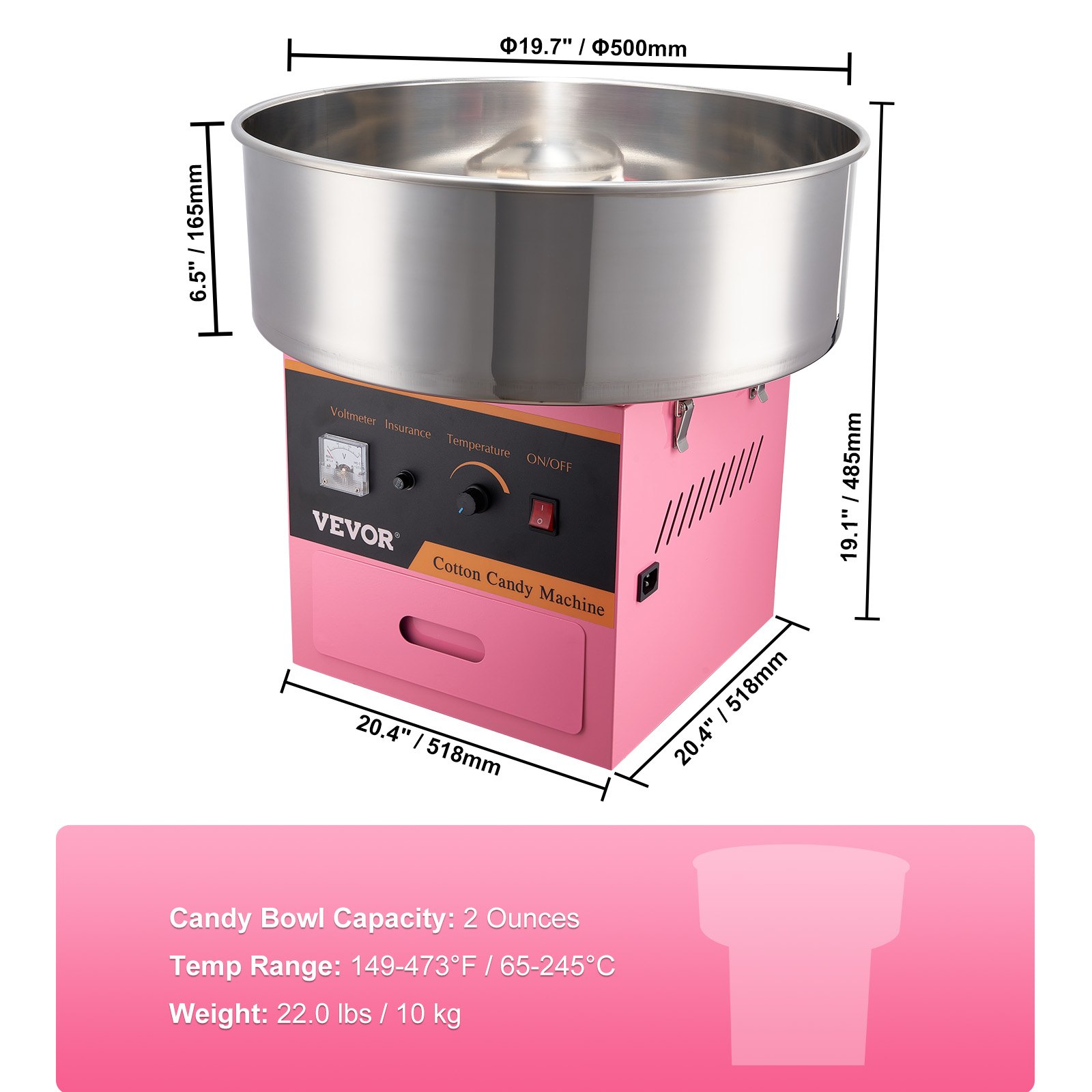 Máquina de algodón de azúcar eléctrica VEVOR en color rosa con etiquetas de dimensiones y especificaciones.