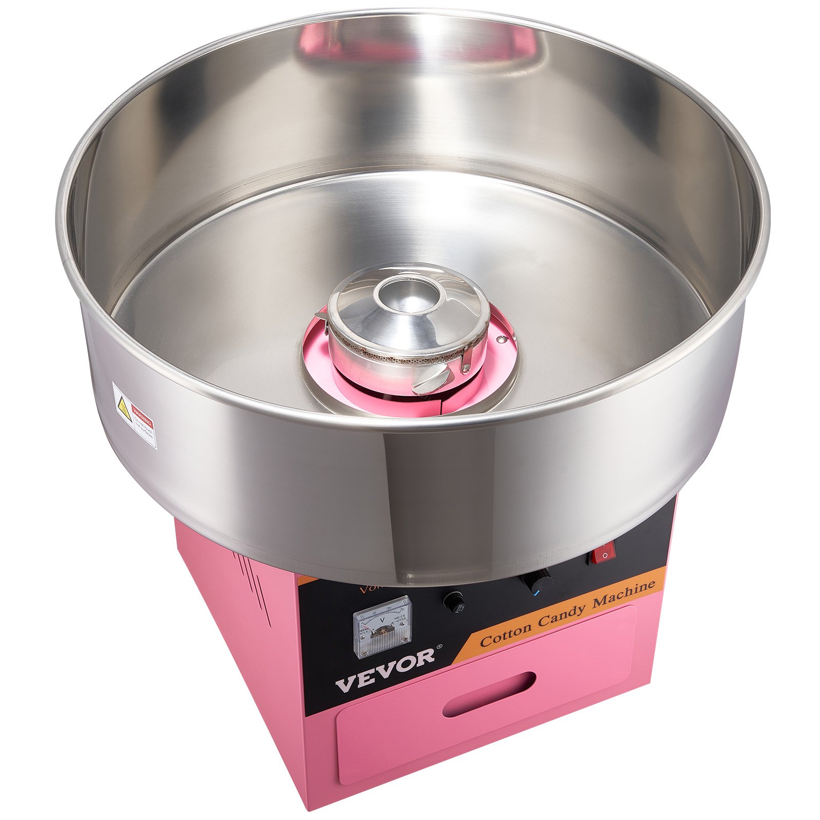 Máquina de algodón de azúcar eléctrica VEVOR con recipiente de acero inoxidable y base rosa, vista lateral.