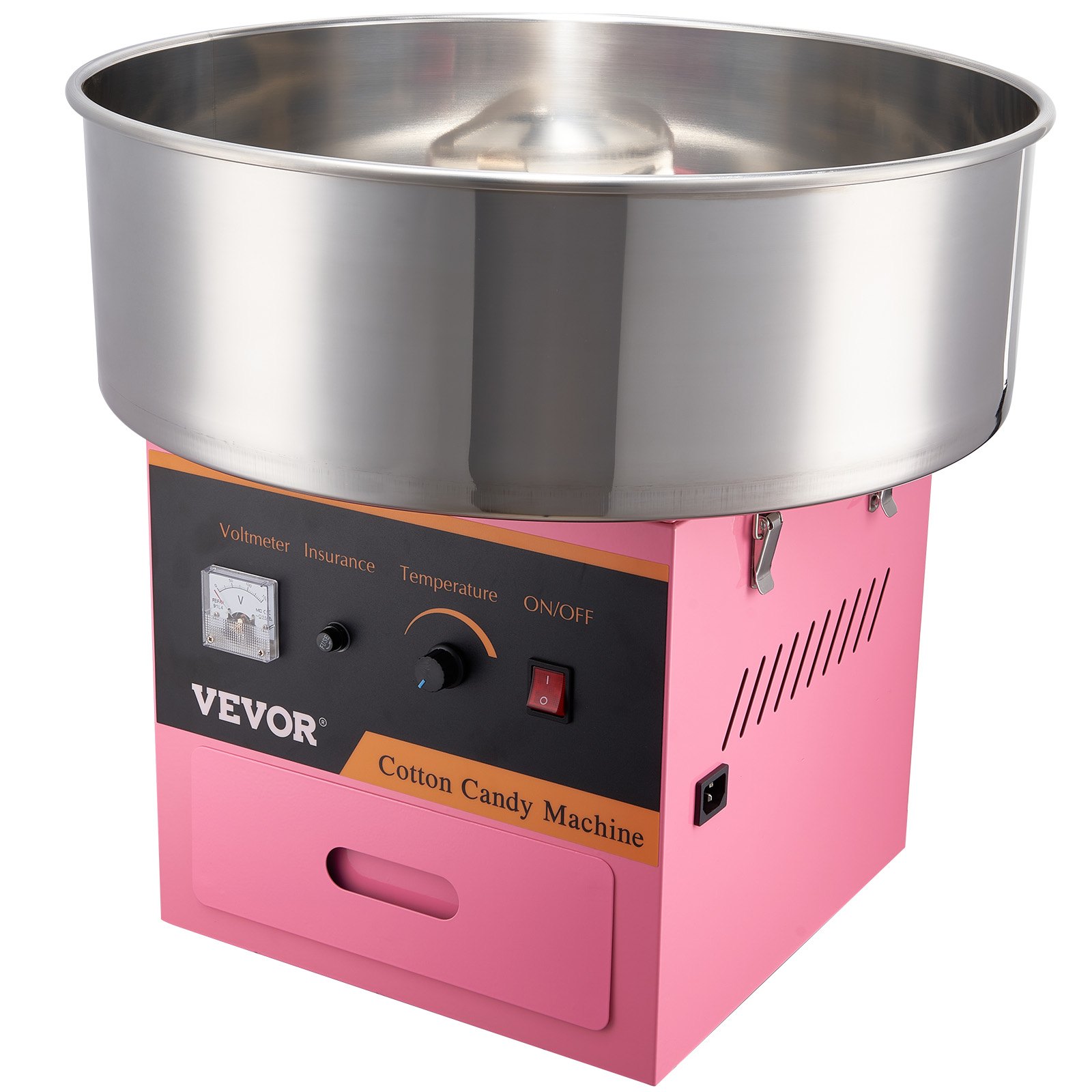 Máquina de algodón de azúcar eléctrica VEVOR rosa con recipiente de acero inoxidable y panel de control con interruptores.
