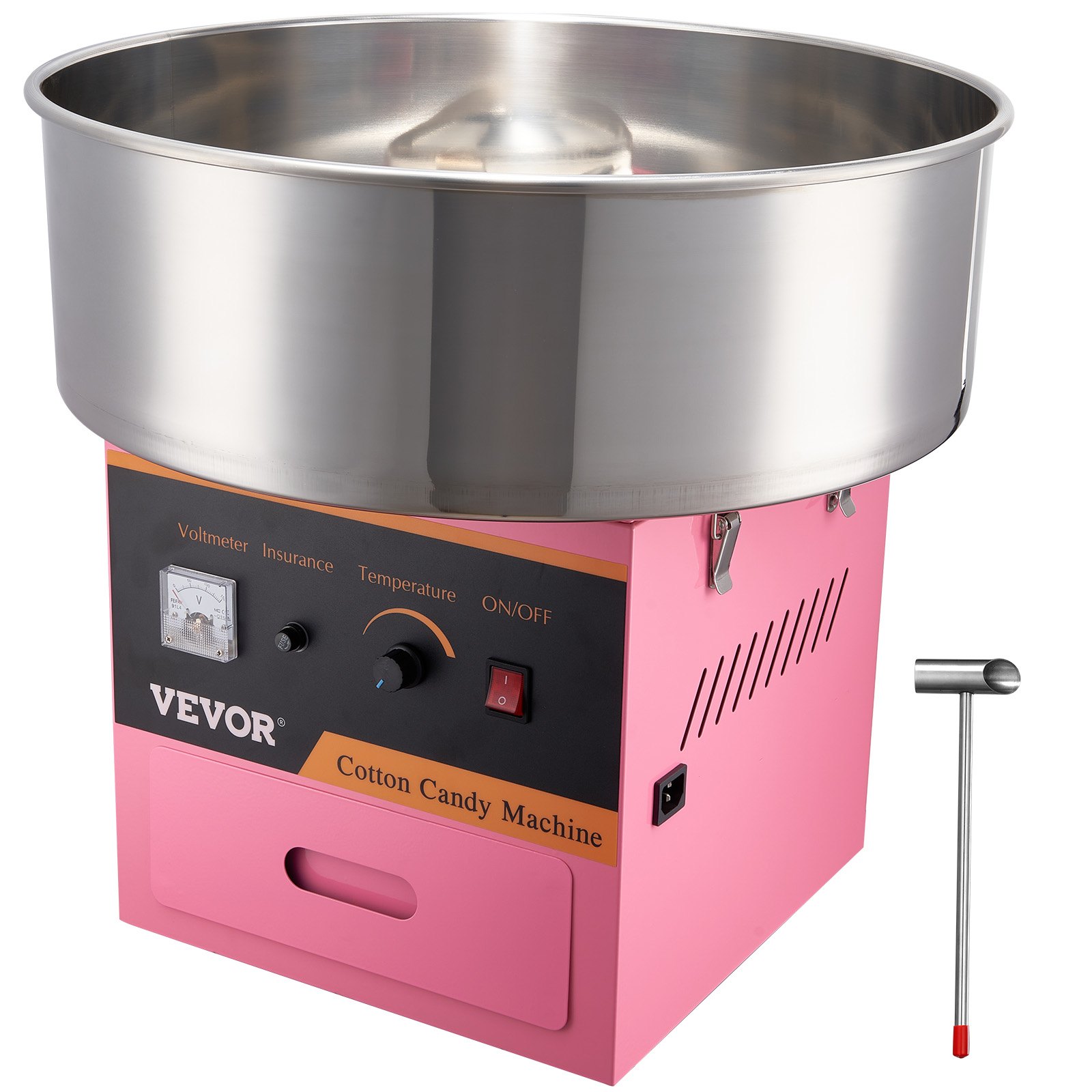 Máquina de algodón de azúcar eléctrica VEVOR con base rosa, recipiente de metal, panel de control y accesorios incluidos.