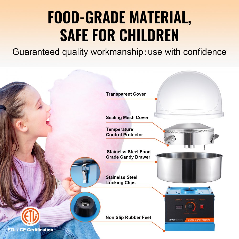 Máquina eléctrica para hacer algodón de azúcar VEVOR de 1000 W, con tapa, recipiente de acero inoxidable y cuchara para azúcar, ideal para cumpleaños infantiles y fiestas familiares (azul)