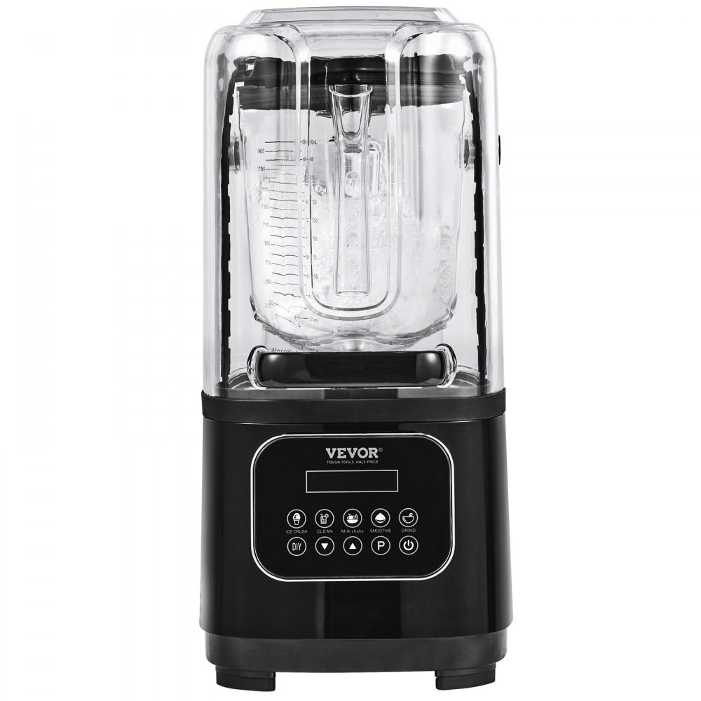 Licuadora profesional VEVOR con controles digitales, base negra y jarra transparente llena de hielo.