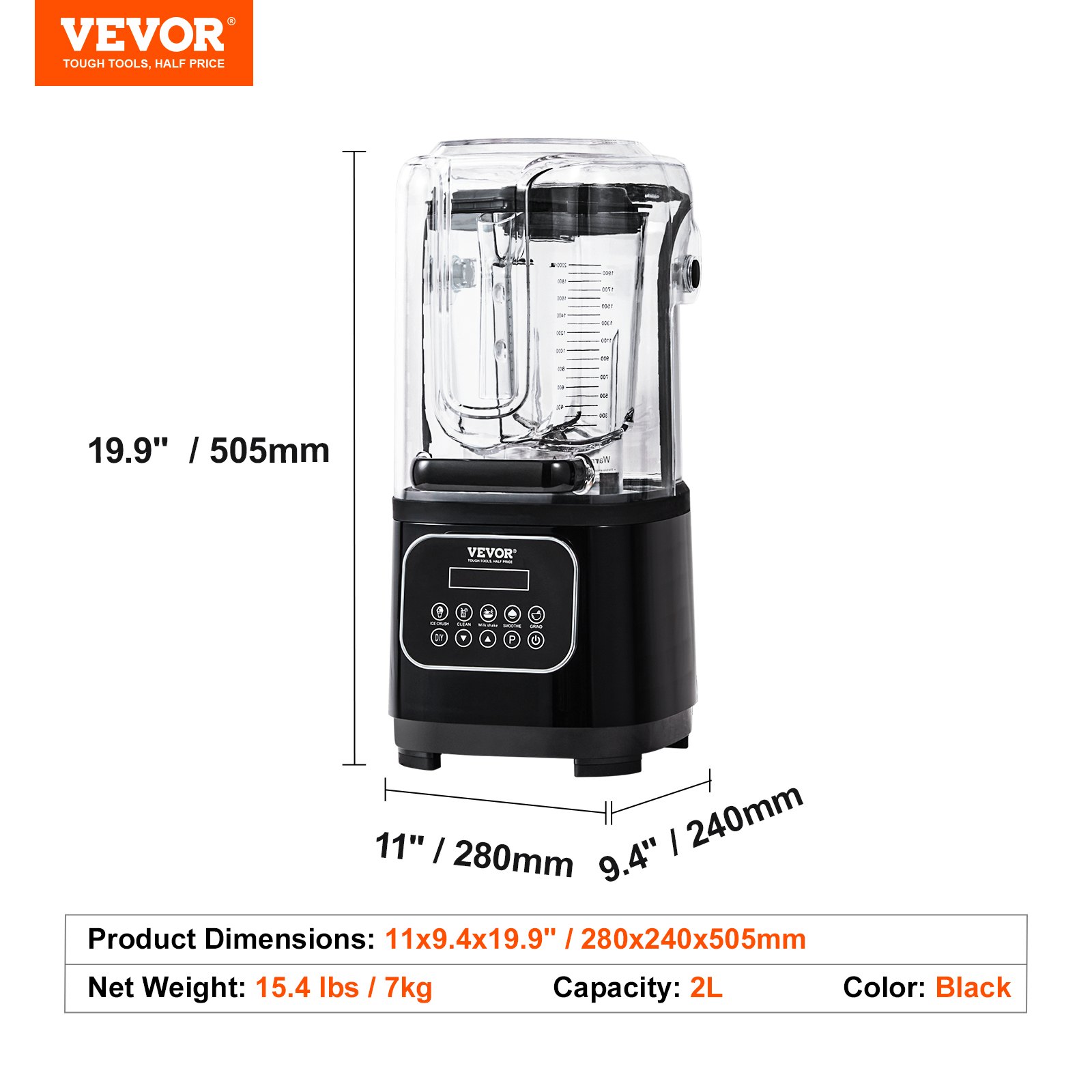 Licuadora profesional VEVOR, negra, capacidad de 2 l, altura de 505 mm, dimensiones del producto: 280 x 240 x 505 mm.
