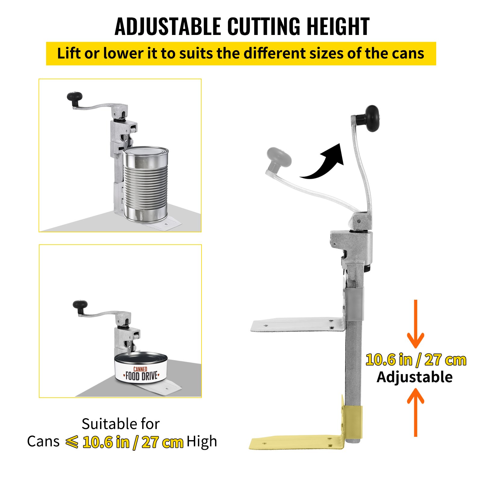 Abrelatas comercial VEVOR con altura de corte ajustable para latas de hasta 10,6 pulgadas de alto.