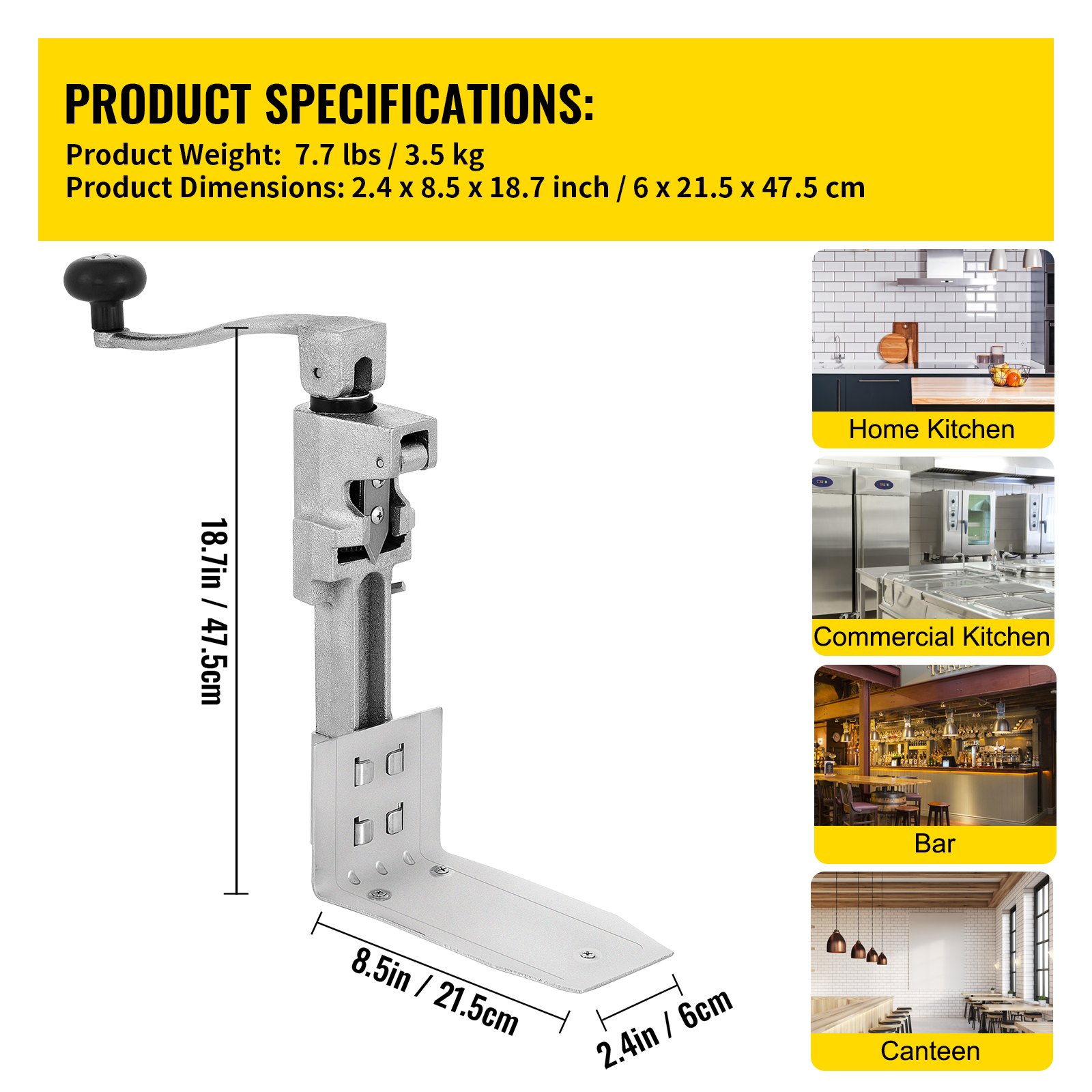 Abrelatas comercial VEVOR con dimensiones y escenarios de uso en diversas cocinas.