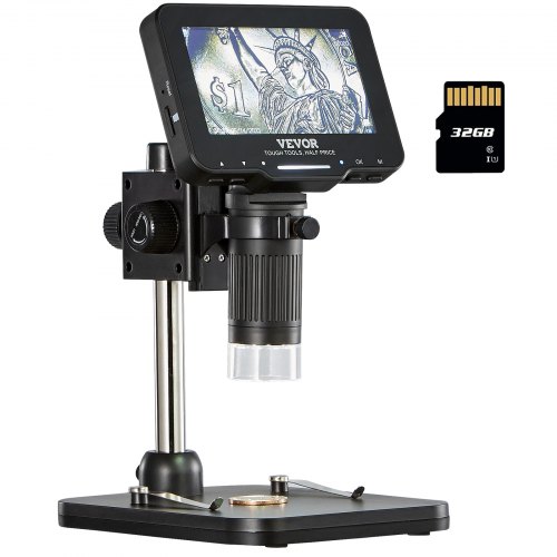 Microscopio digital VEVOR, pantalla IPS de 4,3", aumento de 50X-1000X, microscopio de monedas de foto/vídeo 1080P, microscopio electrónico con 8 luces LED y tarjeta de 32 GB, compatible con Windows/Mac OS