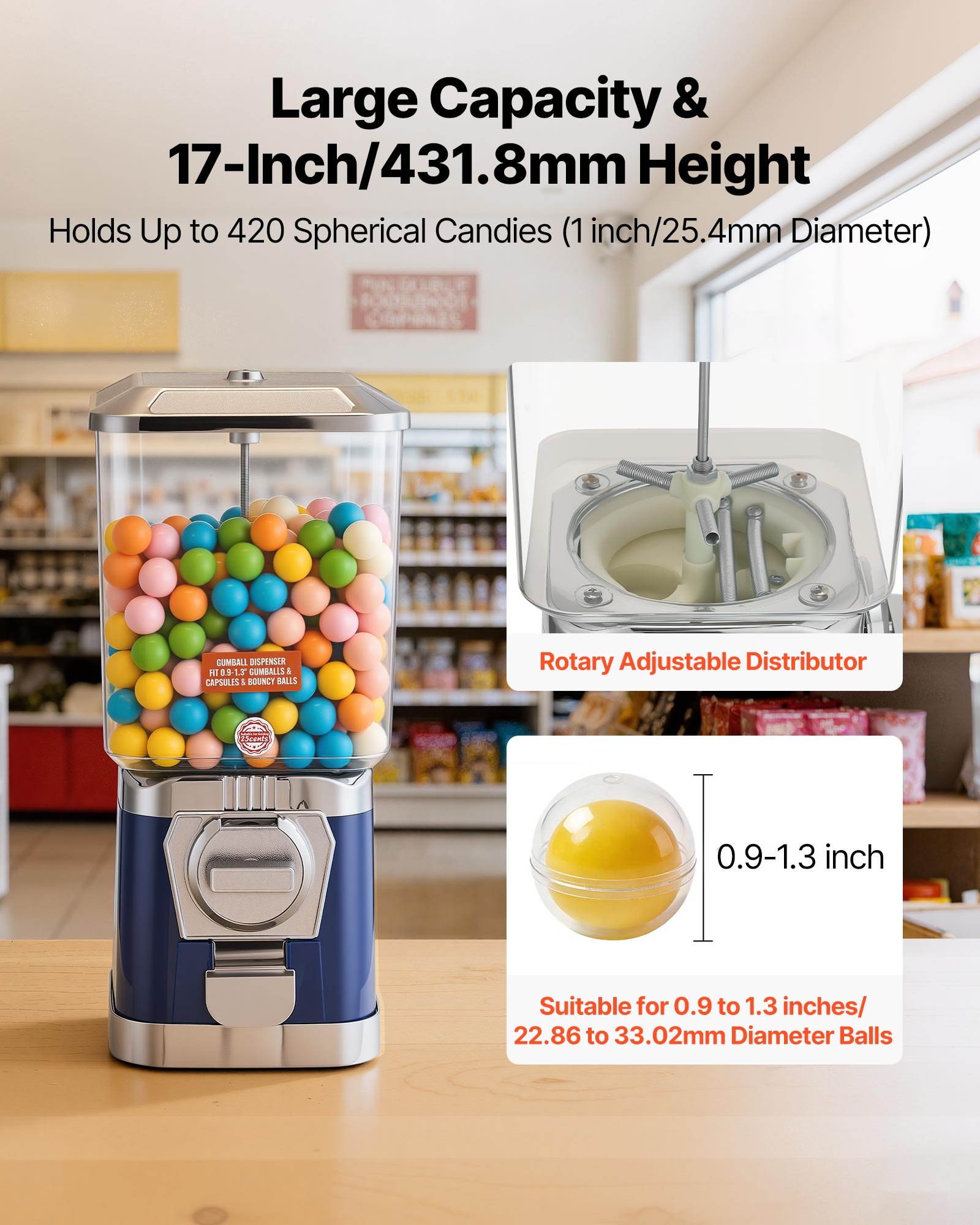 Máquina expendedora de chicles VEVOR, dispensador de caramelos de 43 cm de altura, precio de 25 centavos para centros comerciales, supermercados, parques de atracciones y salas de juego. Capacidad para 420 caramelos esféricos de 2,5 cm.