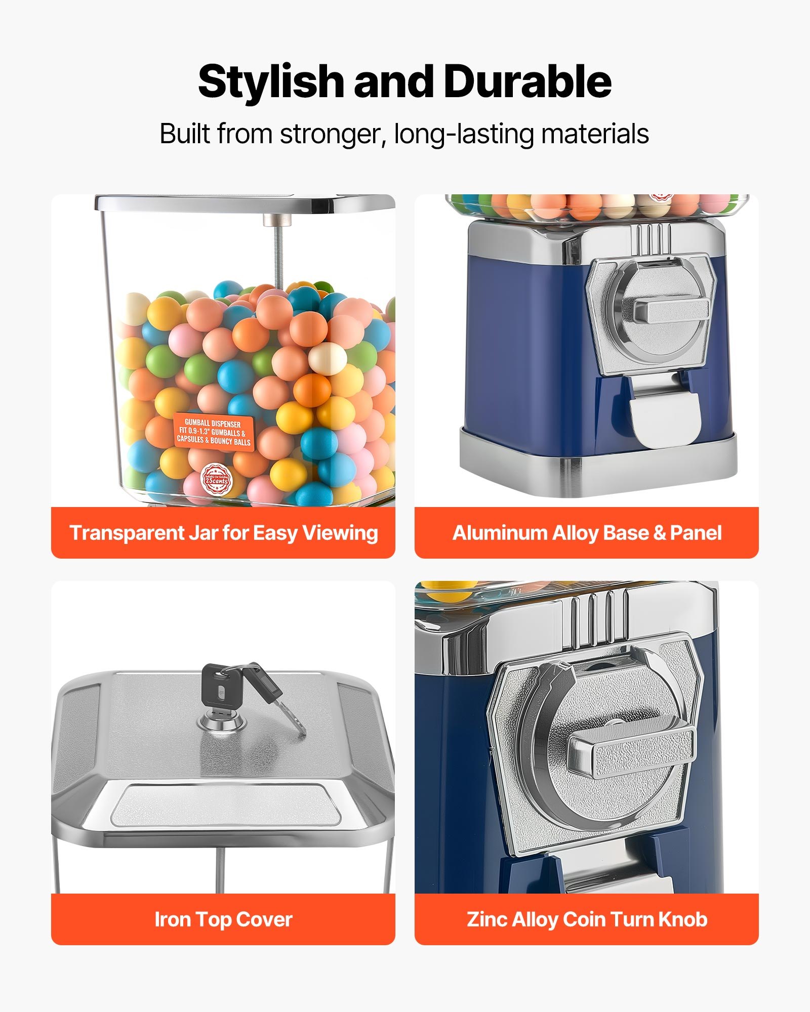 Máquina expendedora de chicles VEVOR, dispensador de caramelos de 43 cm de altura, precio de 25 centavos para centros comerciales, supermercados, parques de atracciones y salas de juego. Capacidad para 420 caramelos esféricos de 2,5 cm.