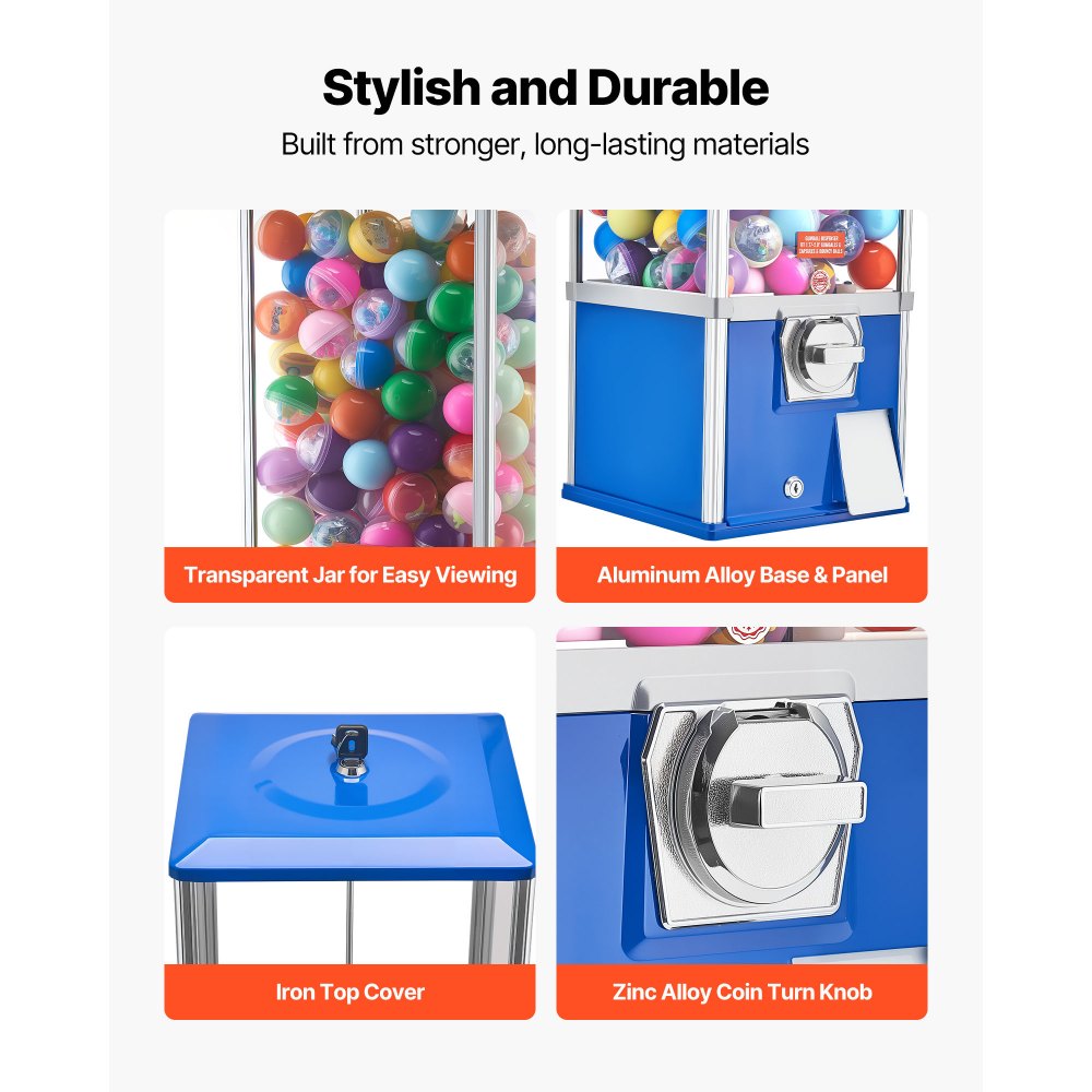 Máquina expendedora de chicles VEVOR, dispensador de caramelos de 63 cm de altura, máquinas expendedoras de 25 centavos para centros comerciales, supermercados, parques de atracciones y salas de juego. Capacidad para 230 caramelos esféricos de 4,5 cm.